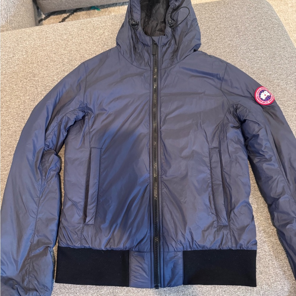 Canada Goose Navy Hooded Puffer Jacket with Sleeve Patch womens